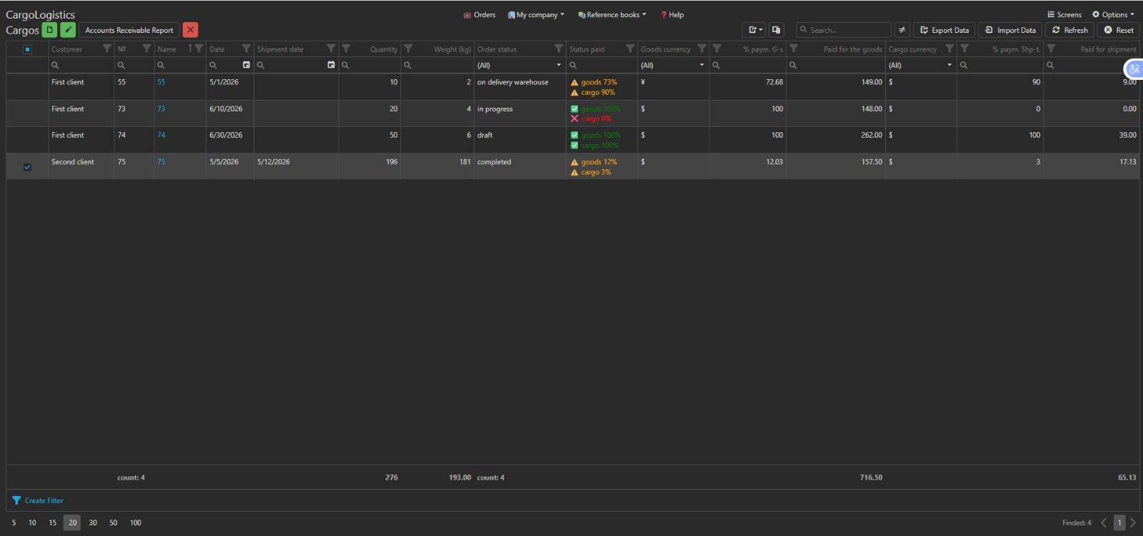 Logistics runtime list dark interface