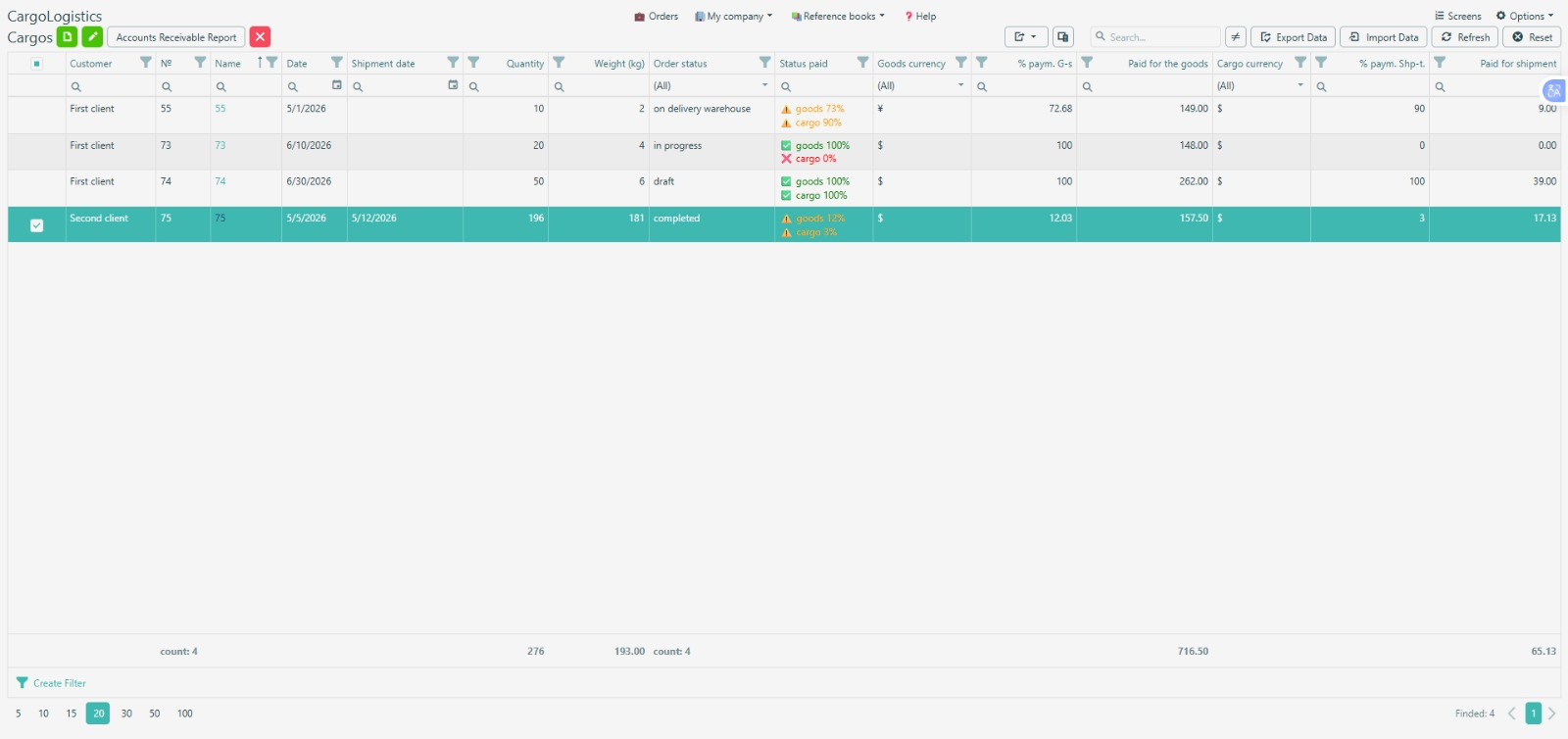 Logistics runtime list light interface